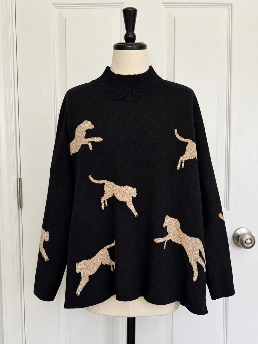 entro Black Mock Neck Sweater with Tan Leopard Motif